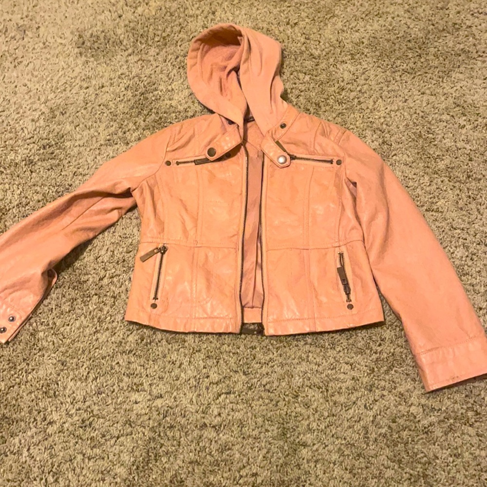 Pink hooded leather jacket